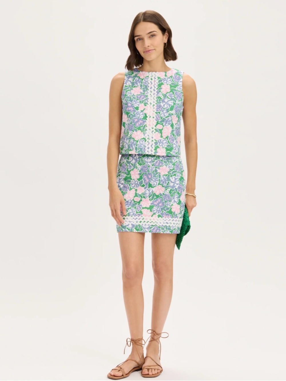 Sleeveless Floral Print Blouse and Skirt in Lavender & Pink